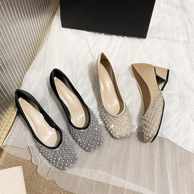 Taglia Grande 35-43 Scarpe Décolleté da Donna Tacco Medio Punta Quadrata Scarpe da Ufficio Donna Decorazioni Perle Diamanti di Cristallo Scarpe da Sposa Stile Designer