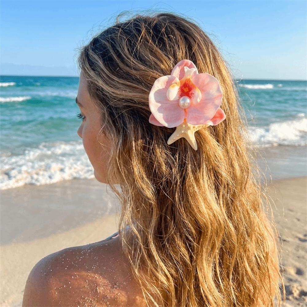 Trendy Orchid Flower Hairpin Vintage Resin Starfish Hair Clip Pearl Hair Clip Seaside Wear