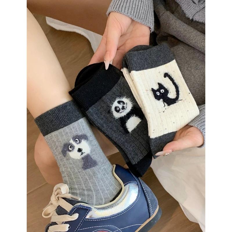 Kreslené tečkované ponožky pro ženy, ponožky do půlky na podzim a zimu, čistá bavlna, trendy rostlinný fleece, roztomilé froté ponožky na jaro a podzim
