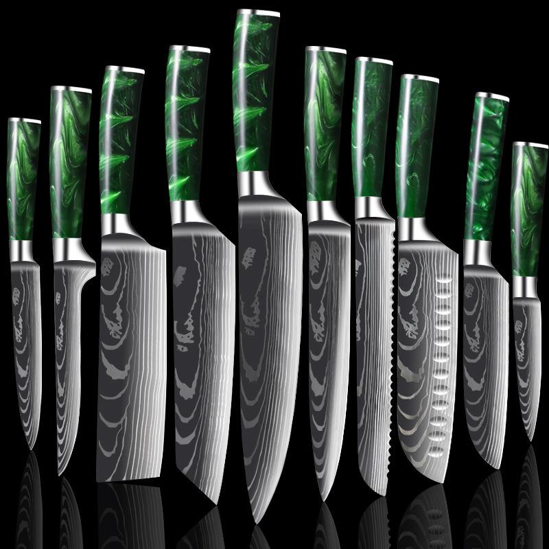 10 sztuk noże kuchenne ze stali nierdzewnej 7CR17 440C laserowy damasceński japoński tasak Santoku narzędzie do krojenia nóż szefa kuchni