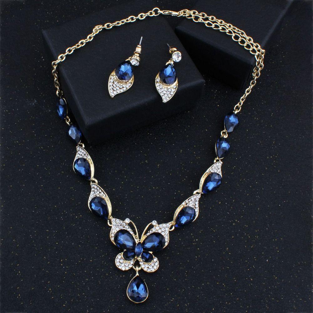 Shining Earrings Necklace Set Bracelet Rhinestone Butterfly Jewelry  Wedding Party