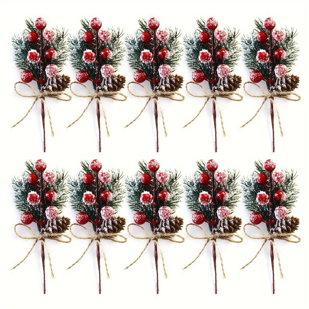10pcs Festive Christmas Pick Bouquet - Artificial Pinecones and Berries with Rustic Twine, Plastic Floral Picks for Winter Wonderland Ambiance