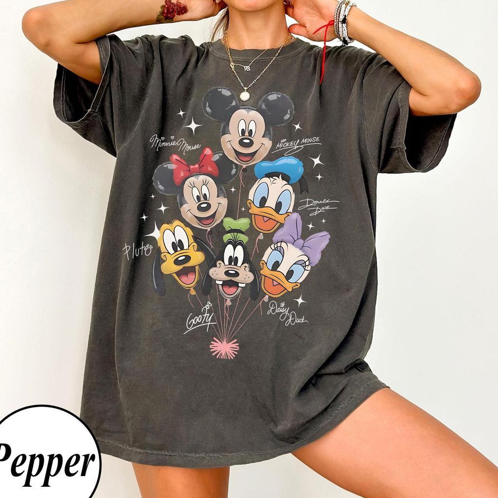 Retro Mickey and Friends Balloon Shirt, Mickey Minnie Donald Daisy Goofy Pluto, Disneyland Trip Family Outfit, Cute Disney Friends Tee
