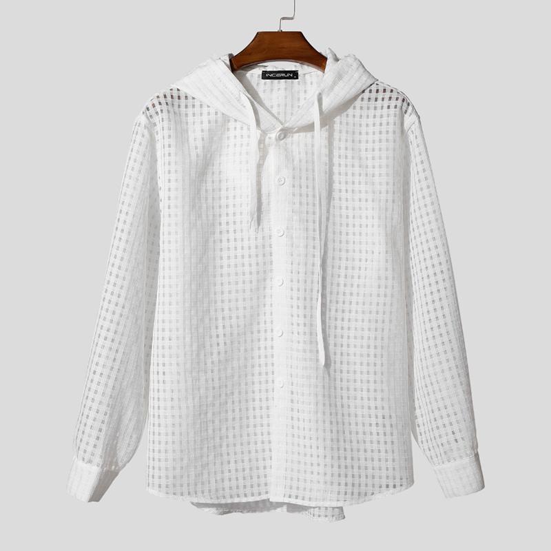 INCERUN Men Long Sleeve Buttons Plaid Transparent Hooded Shirts Outside Wear