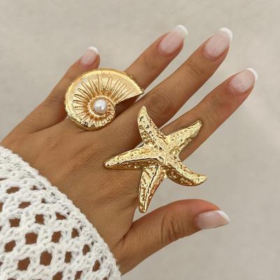 Anello da spiaggia regolabile con stelle marine e perle finte