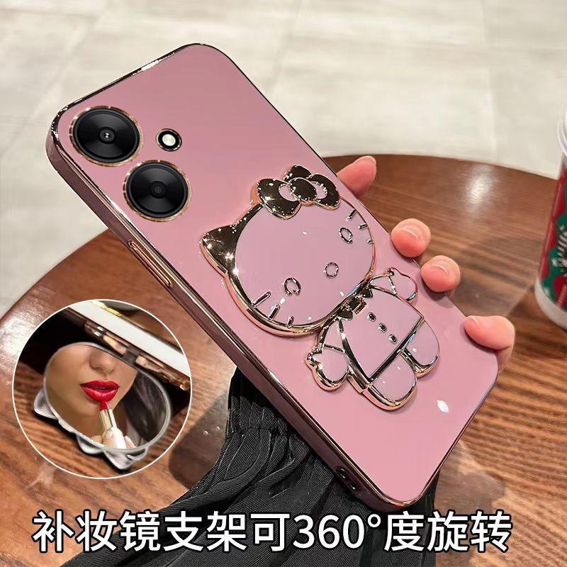 Redmi 11C Mobile Phone Case Electroplated KT Cat Bracket Makeup Mirror Redmi 11C Silicone Soft Case Protective Case