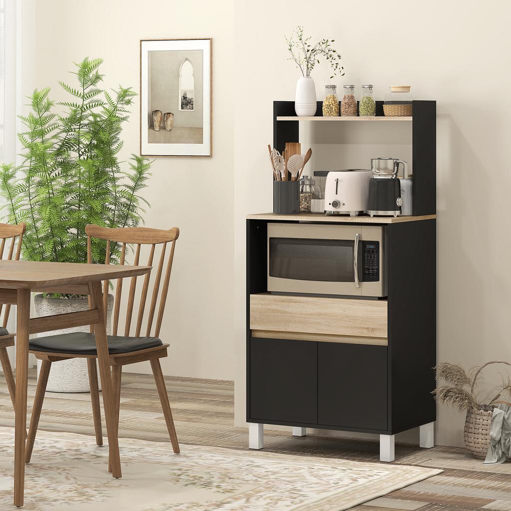 Microwave Furniture, Kitchen Buffet with Cupboard, Drawer, Top Shelf, 60 X 40 X 131 Cm, Oak and Black