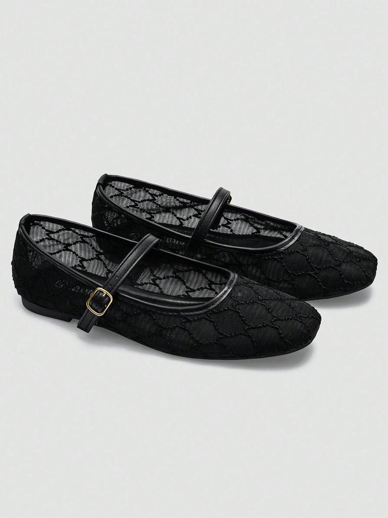 Women's Black Square Toe Ballet Mary Jane Flats with Geometric Square Pattern and Black Buckle Strap