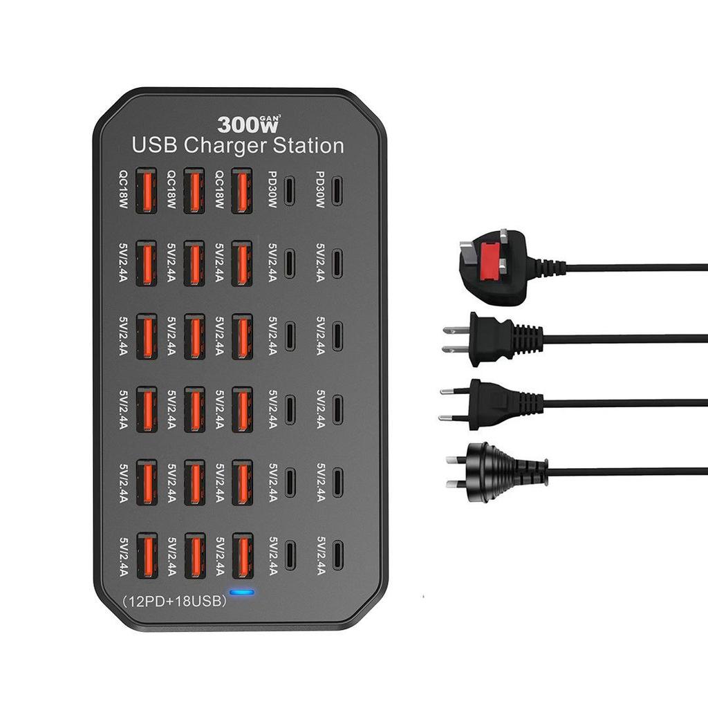 30-Port 300W USB Multifunction Charger for Apple, Huawei Tablets & Phones - PD Fast Charging Desktop Station