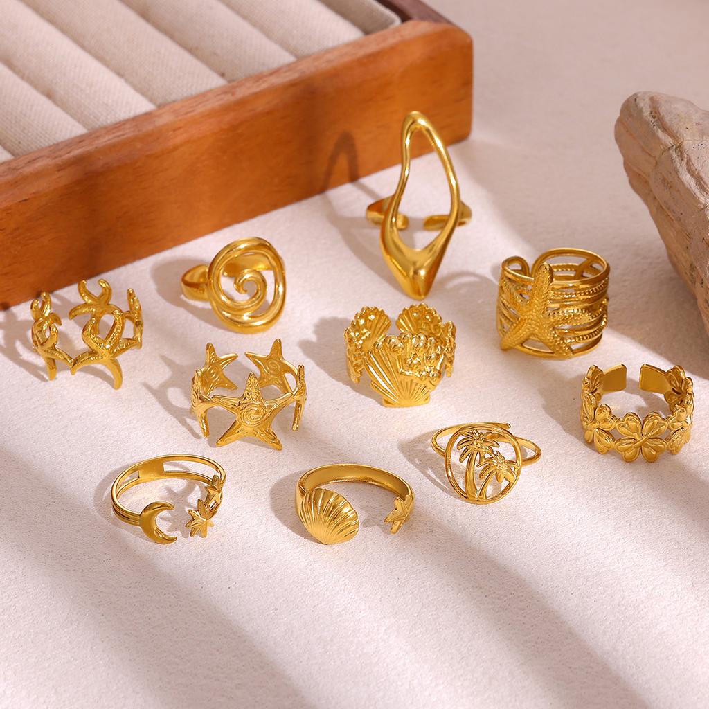 Summer Beach Style Gold Color Open Rings Stainless Steel Starfish Seashell Palm Tree Anillos Waterproof Ring Jewelry For Women