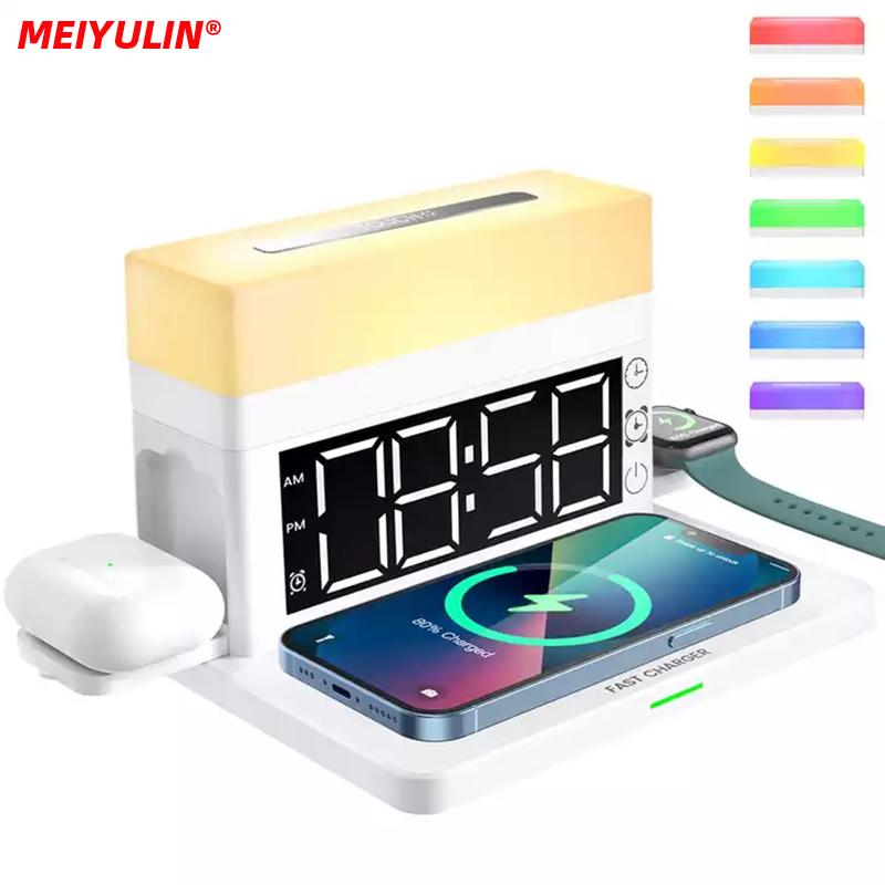 

15 Вт 6 в 1 подставка для быстрой беспроводной зарядки для Iphone 14 13 12 Xiaomi электростанция будильник светодиодная настольная лампа для Airpods Iwatch as picture белый