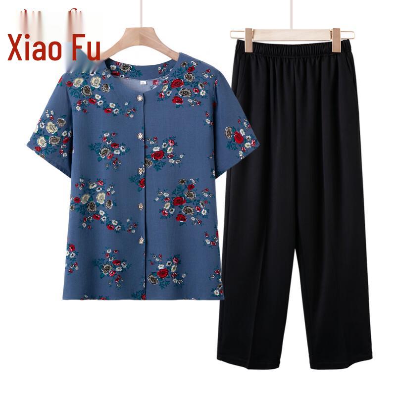 

Elderly Women s Embroidered Short Sleeve Cardigan & Pants Set 2XL