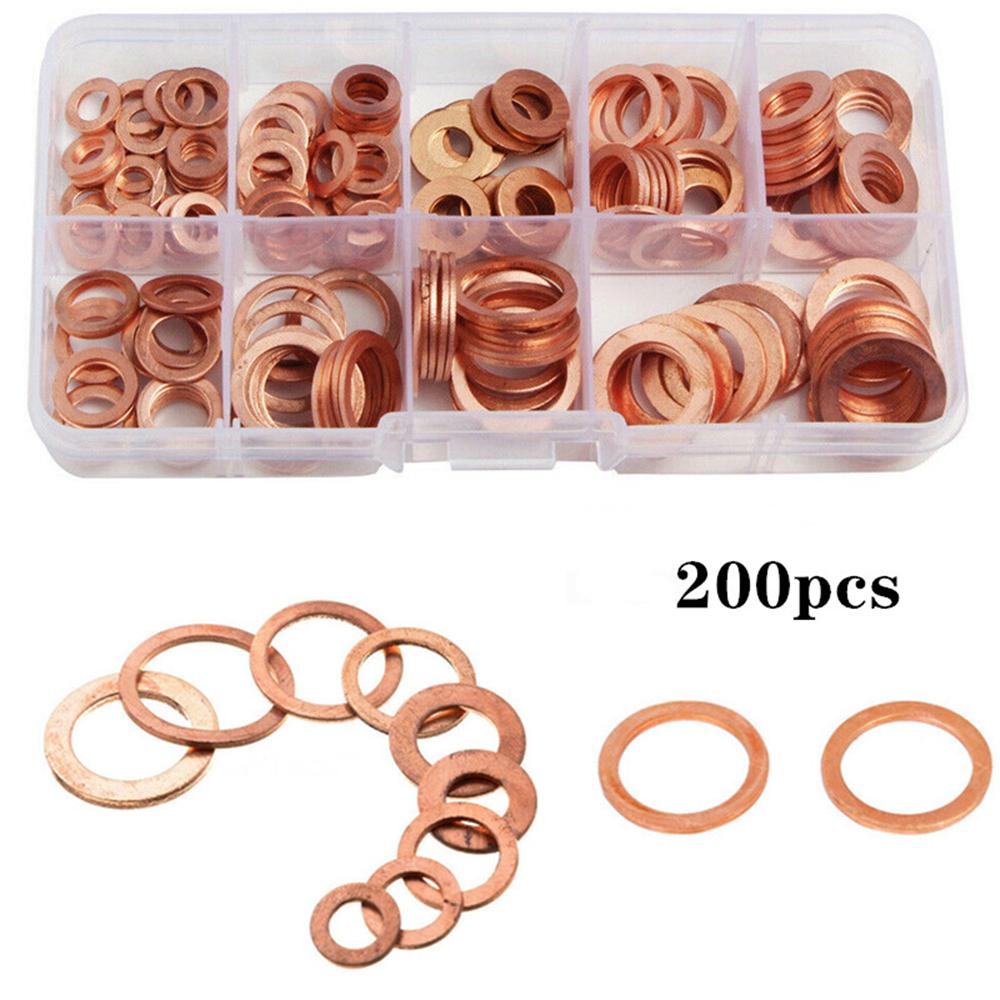 200 Pcs Copper Washer Gasket Nut and Bolt Set Flat Ring Seal Assortment Kit with Box M5/M6/M8/M10/M12/M14 For Sump Plugs Gasket