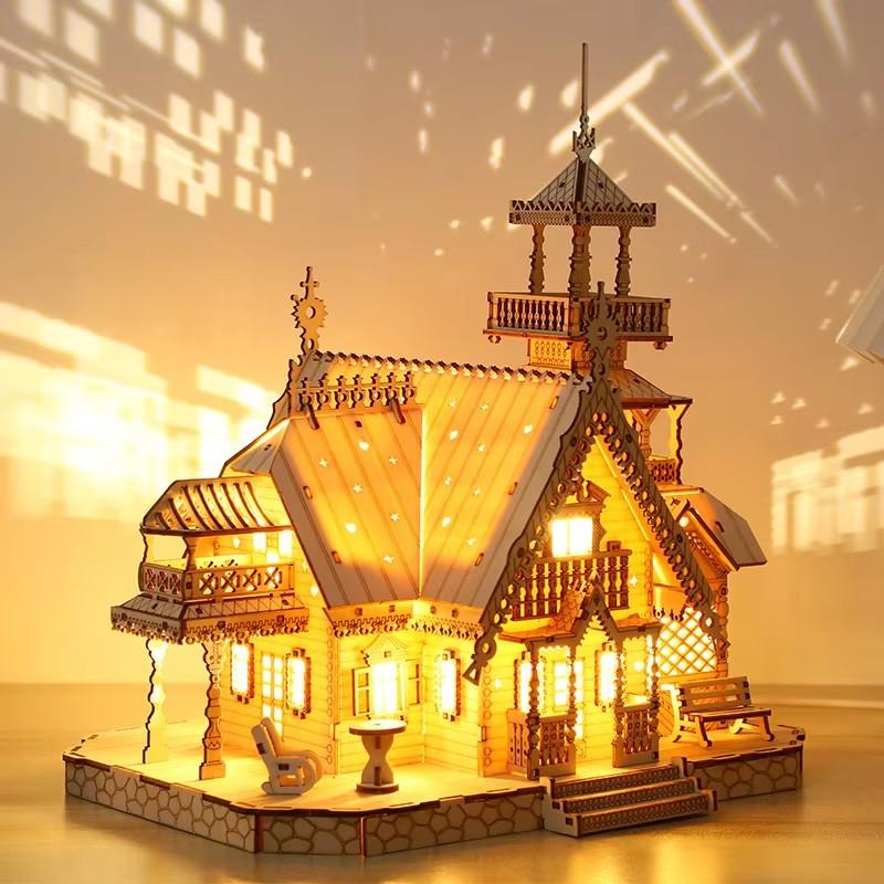 3D Wooden Jigsaw Puzzles For Adults Countryside Cottage Model Diy Illuminated Villa Miniature Building Kit Xmas Gift Boy Toys