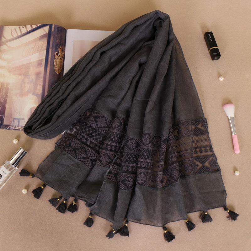 Premium Quality Cotton Hijab Scarf Women Hollow Out Lace Edge Tassels Long Shawl Muslim Soft Plain Headband Hijab Turban