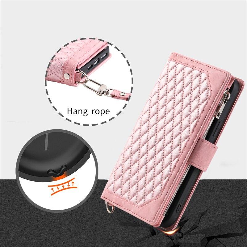 Luxuriöse Lederhülle mit Reißverschluss für iPhone 14 13 12 11 Pro XS Max X XR 7 8 Plus SE 2 3 Kartensteckplatzhalter Crossbody Wallet Handyhülle