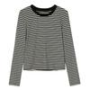 Women Black White Striped Cotton Fitted Long Sleeve Crew Neck Casual Base T Shirt Top