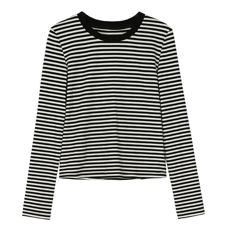 Women Black White Striped Cotton Fitted Long Sleeve Crew Neck Casual Base T Shirt Top