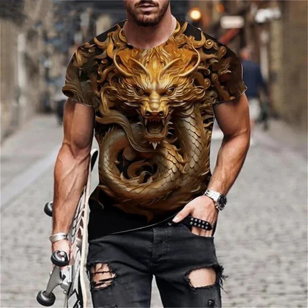 Summer Round Neck 3D Dragon Print Top Fashionable Casual Short Sleeved Men's T-shirts