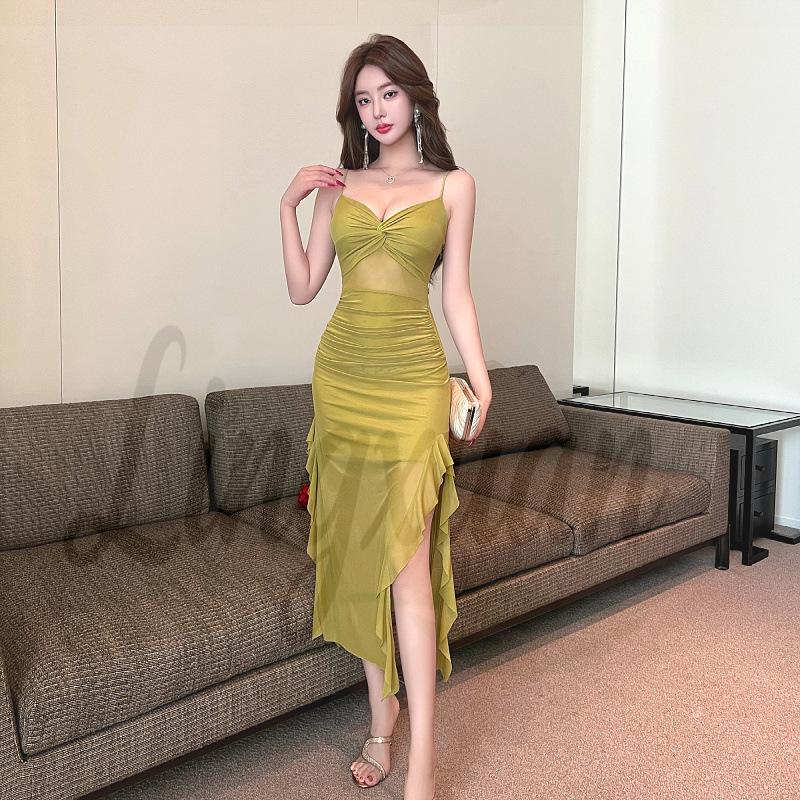 Sultry Mesh Low-Cut Slim-Fit Pleated Slit Dress Large зелёный
