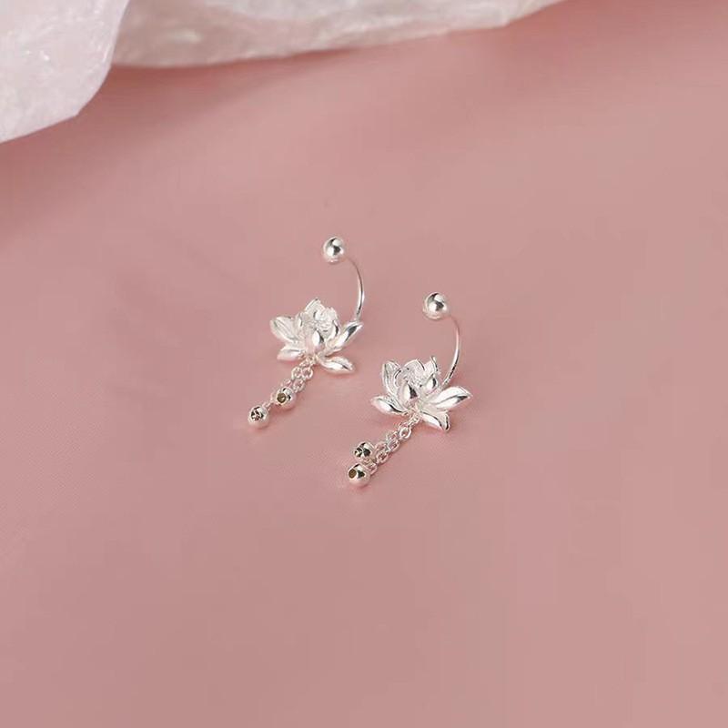 925 Silver Needle Lotus flower Short Tassel Bead Screw Plant Stud Earrings For Women Cute Fine Jewelry Trendy Accessories