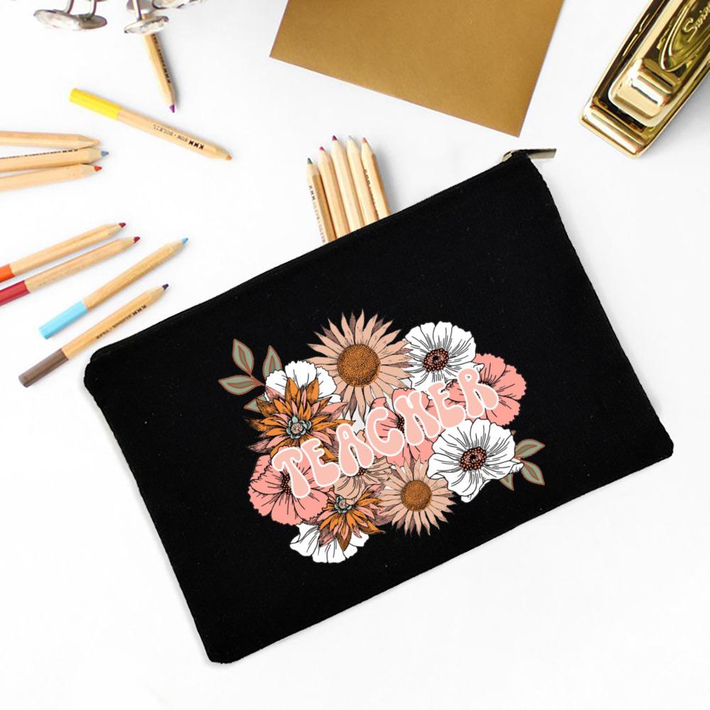 Teacher Flower Print Pencil Case Travel Makeup Bag School Stationery Supplies Storage Bags Wash Pouch Cosmetic Bags Teacher Gift