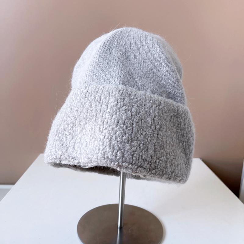 Circle yarn rabbit hair knitted wool hat female autumn and winter show a small face, keep warm and cold, ear protection, pullover hat, fluffy hat