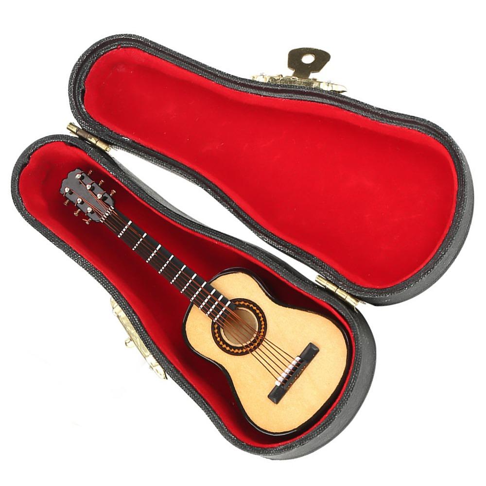 3pcs Wooden Material Miniature Guitar Model With Stand Mini Size Wooden Guitar Model Black Leather Case Collectible Figurines