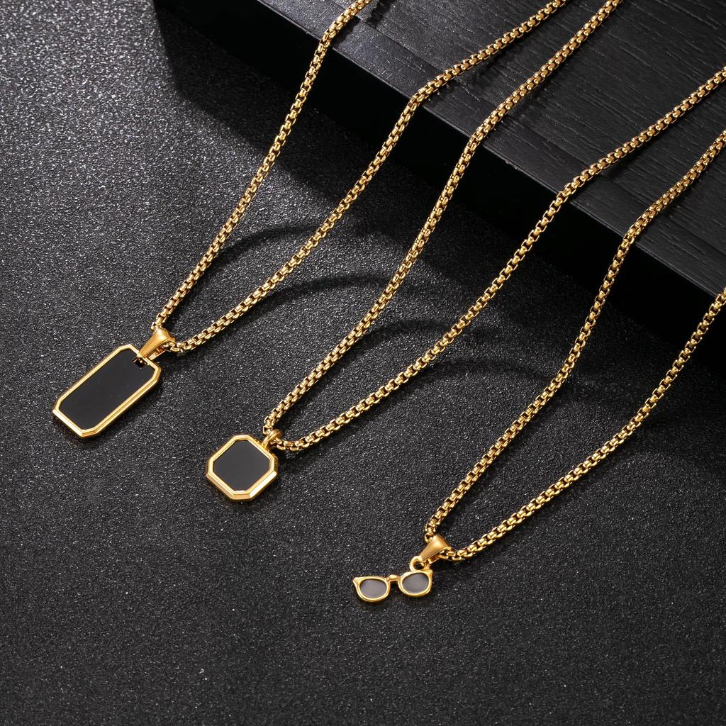 18K Gold Plated Titanium Steel Necklace with Geometric Pendant and Pearl Chain
