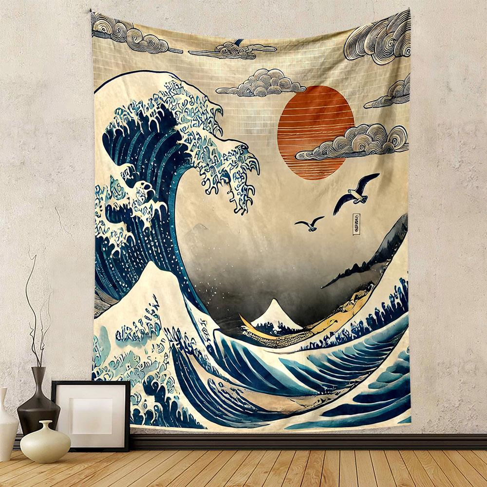 Japanese Wave and Mount Fuji Scene Patterned Tapestry Decorative Wall Hanging, Home Bedroom Living Room Decor