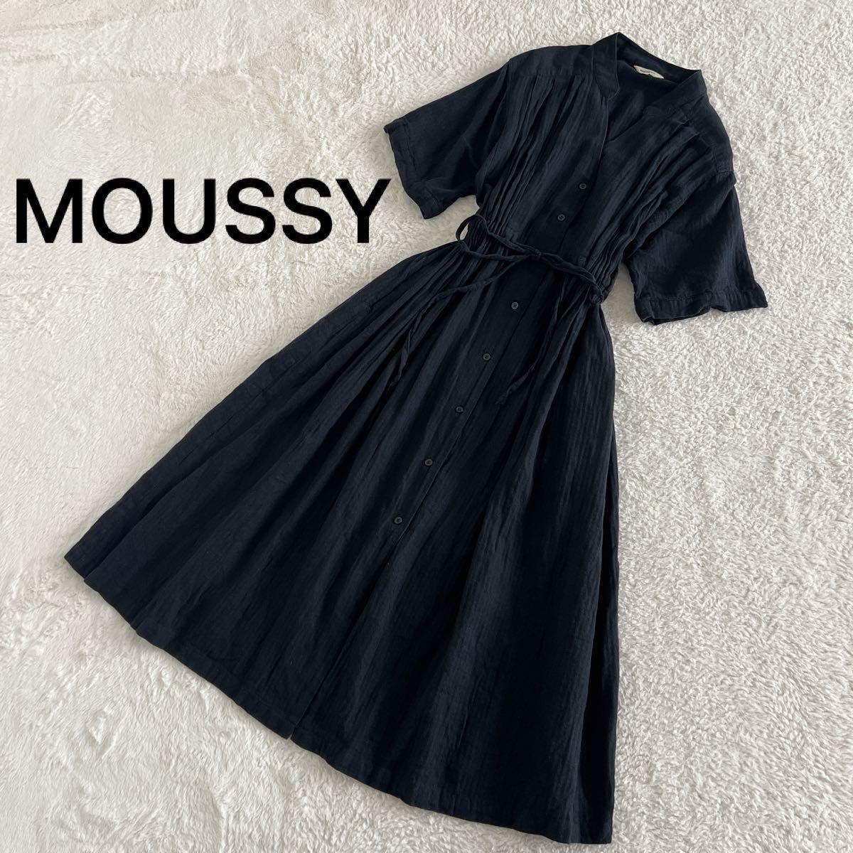 MOUSSY Cotton Linen Blend Pintuck Dress Long Length Black Shirt Dress