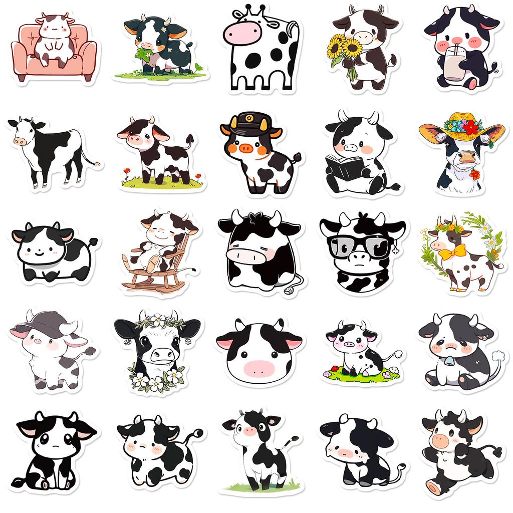 50 Cute Black and White Cow Stickers Cartoon Ins Style Creative Personality Expression Stickers Children's Stationery Stickers DIY