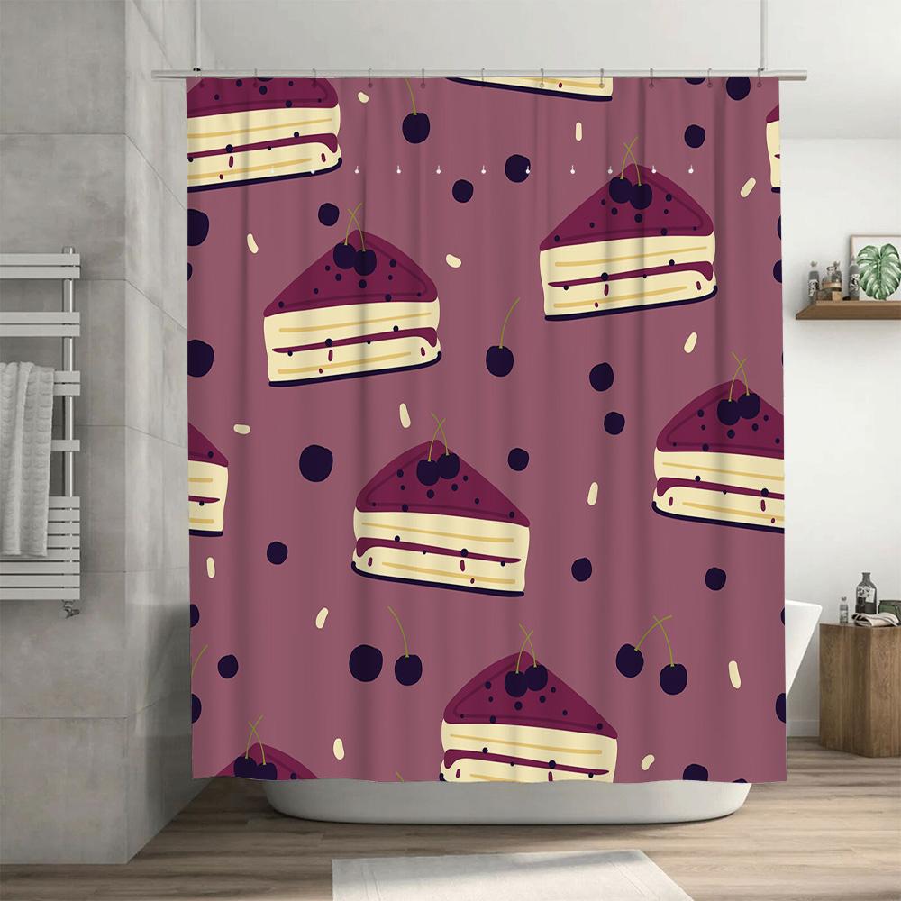 Pink Cake Shower Curtain Waterproof Bathroom Decor for Home Decoration Purple White Cherry Slice Pattern Bath Mat Cover Size: 72