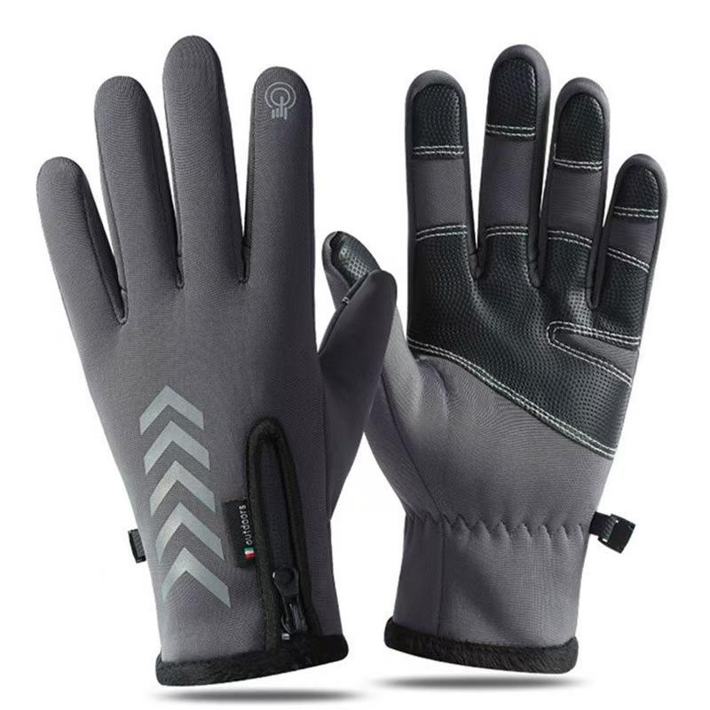 Autumn and Winter Warm Gloves Men Plus Velvet Thickened Cold Proof Waterproof Zipper Cycling Gloves Anti Slip Touch Screen Outdoor Sports