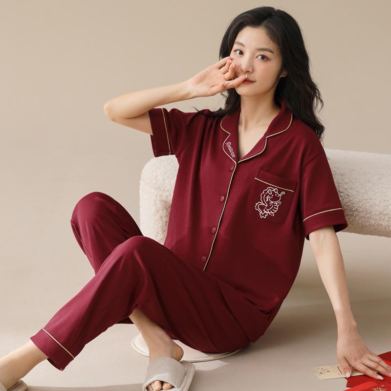 1011 Summer New Couple Pajamas Pure Cotton Red Natal Year Short-sleeved Trousers Set Wedding Men's and Women's Loungewear