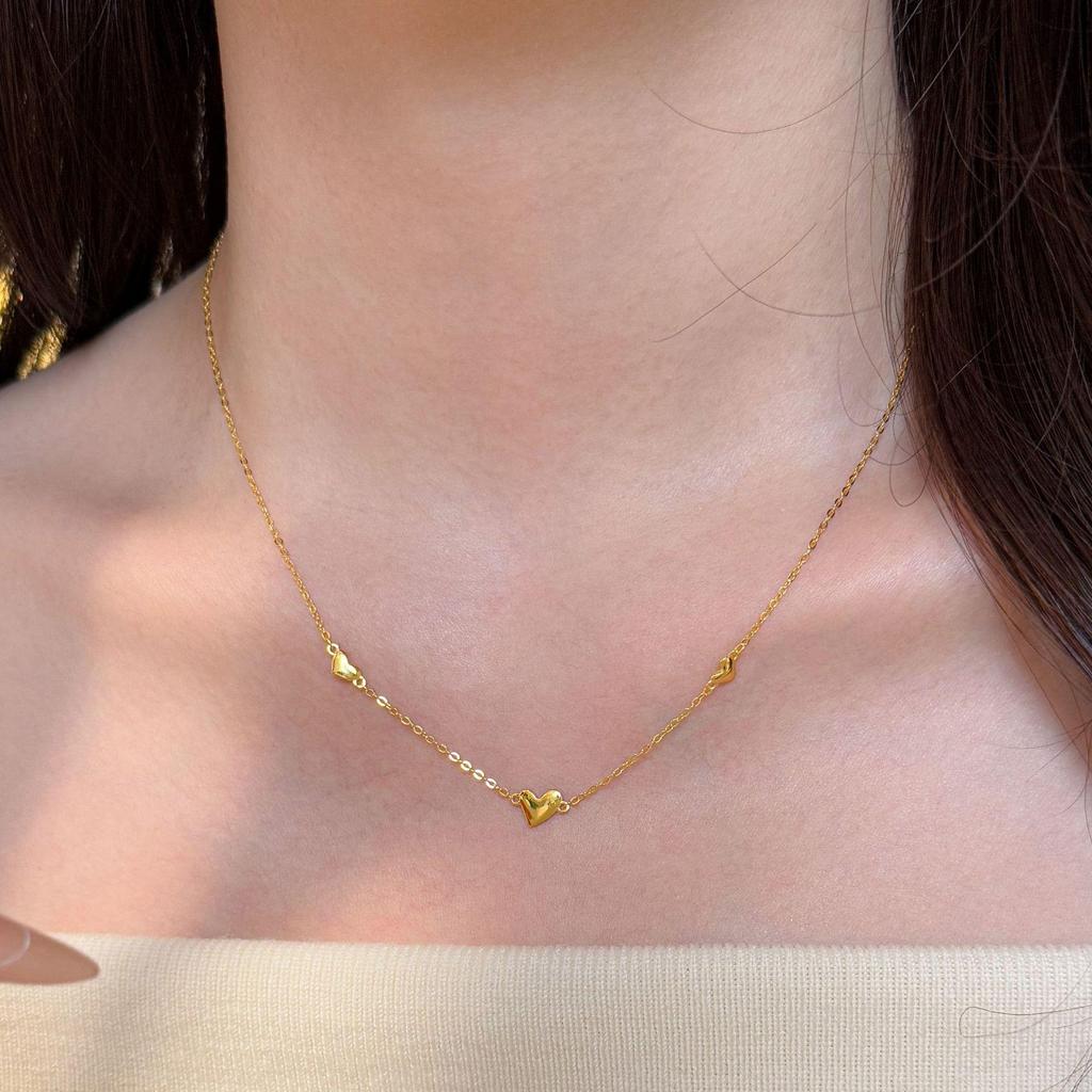 18K Gold Plated S925 Sterling Silver Triple Heart Necklace: Elegant Clavicle Chain in Cool, Simple Style