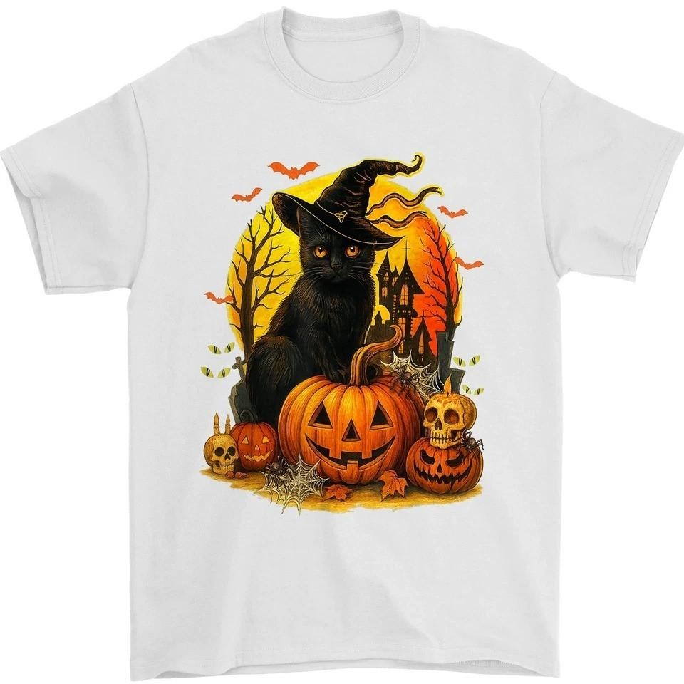 Halloween Black Cat Witch Shirt Pumpkin Skull Spooky Graphic Tee S разноцветный