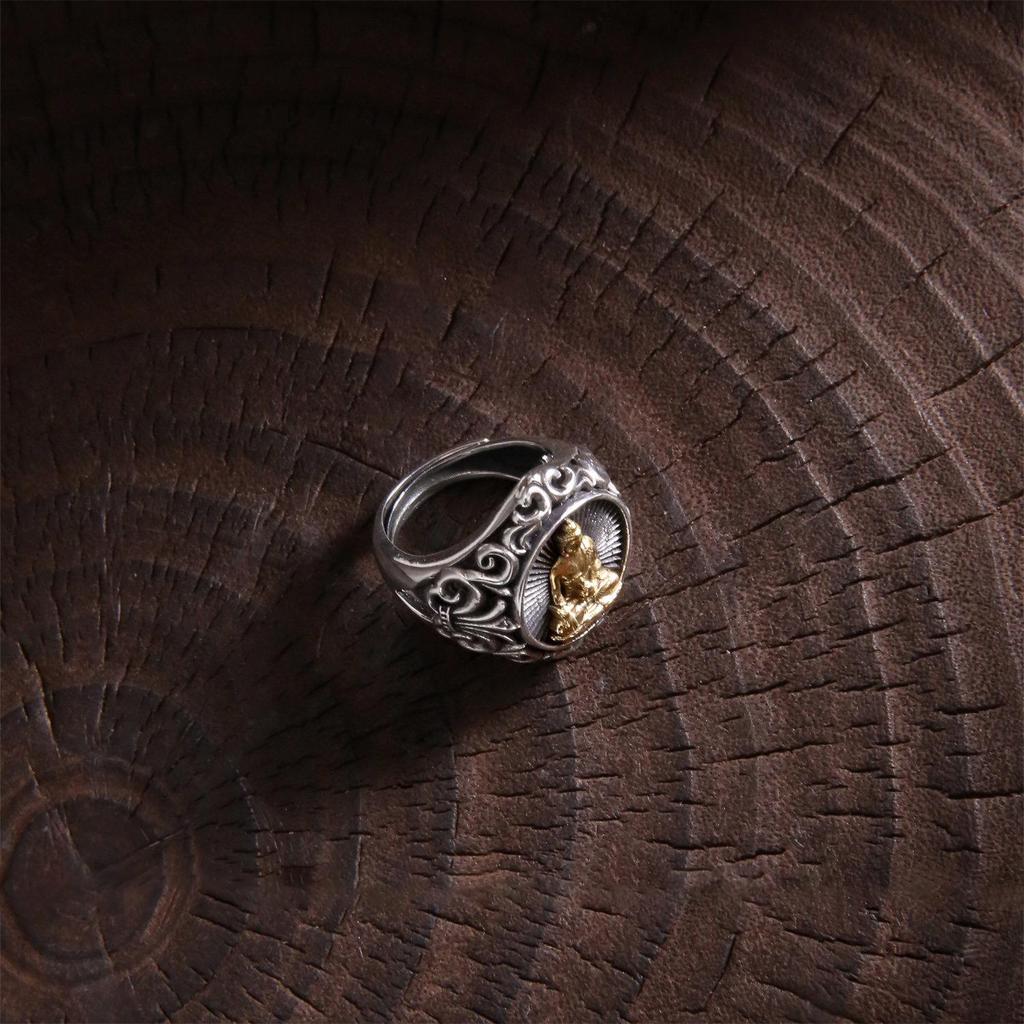 Women's Retro S925 Sterling Silver Buddha Ring, Heavy Craftsmanship, Aged Finish, High-End, Adjustable, Hand Jewelry