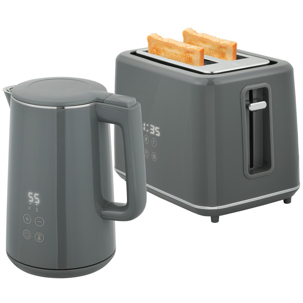 Digital Stainless Steel Kettle and Toaster Set, 1.5L 3000W Fast Boil Kettle, 2 Slice Toaster with 7 Level Browning Controls, Defrost, Reheat