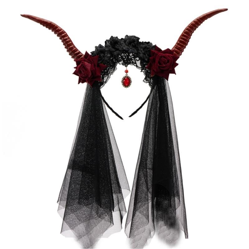 A52E Handmade Rose Witch Costume Horn Halloween Party Role Play Headbands