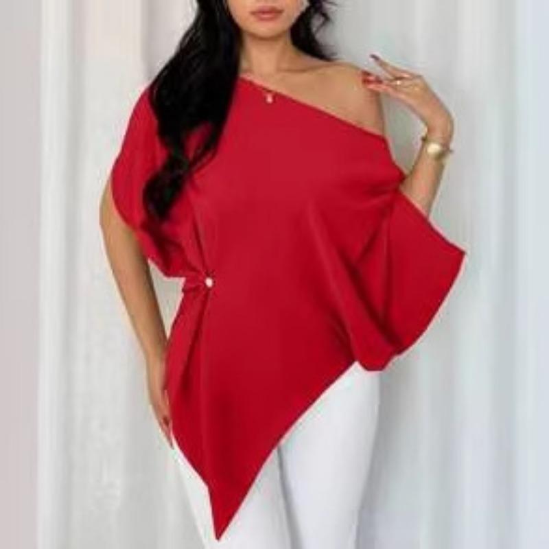 Spring and Summer New Slanted Shoulder Shirt for Women, Light Luxury Design, Loose Slimming Top T-shirt