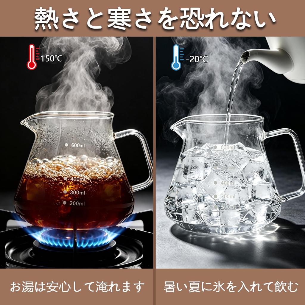 FGIUKC Coffee Server, Heat-Resistant Glass, Wooden Holder, Dripper, 600ml, with Measurement Markings, 2-4 Servings, Microwave Safe, V60 Hand Drip Set,