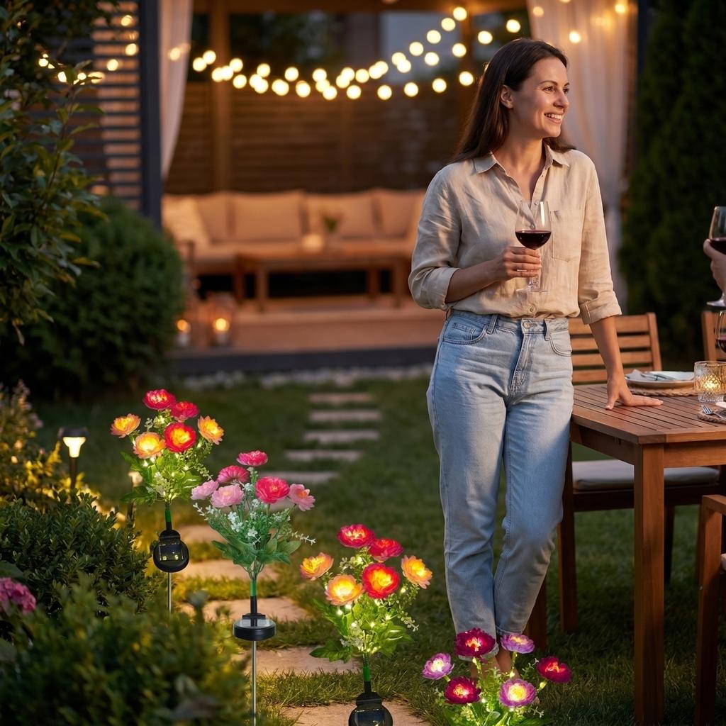 Solar Powered Lotus Flower Outdoor Stake Light Artificial Flower Garden Decoration Waterproof LED Pathway Lighting for Yard Lawn Patio Landscape