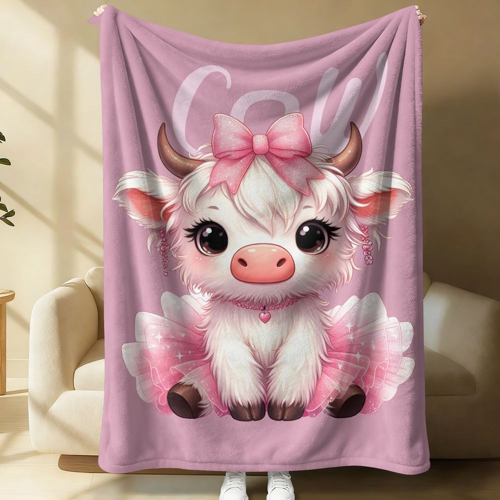 Kawaii Cow Flannel Blanket Cute Pink Tutu Throw Blanket Soft Plush Fleece Bedding Gift Blanket for Kids Girls Bedroom Decor 75X95CM