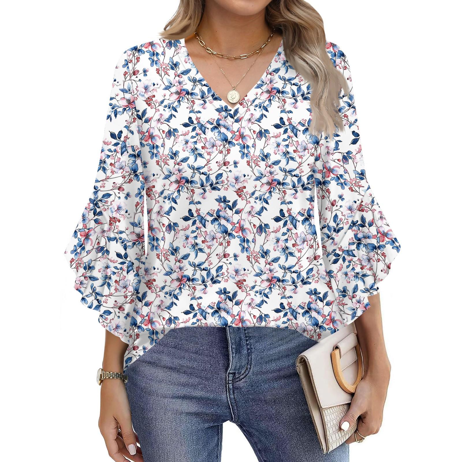 

Blouses For Women Dressy Casual 3/4 Length Sleeve Womens Tops V Neck Tshirts Shirts With Flared Sleeve XL синий
