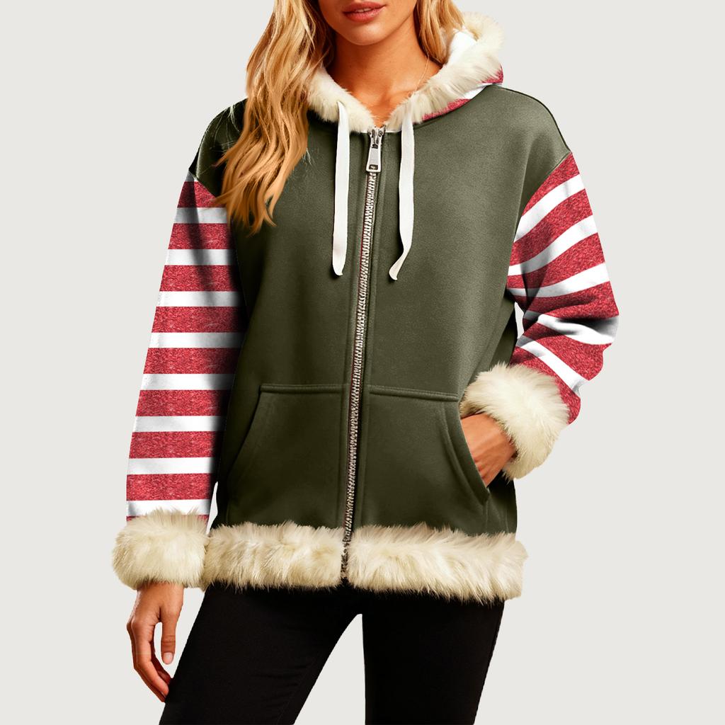 Women's Comfortable Loose Fashion Casual Striped Print Long Sleeve Pockets Hooded Sweatshirt Jacket