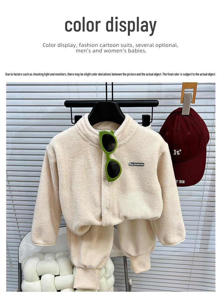 Korean Style Kids' Two-Piece Set: Stand-up Collar Fleece Sweater & Thick Pants for Fall/Winter, Unisex