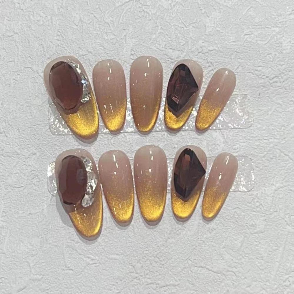 10Pcs Handmade French Gradient Cat Eye Press On Nails With 3D Butterfly Diamond Flowers Long Coffin Almond Shape