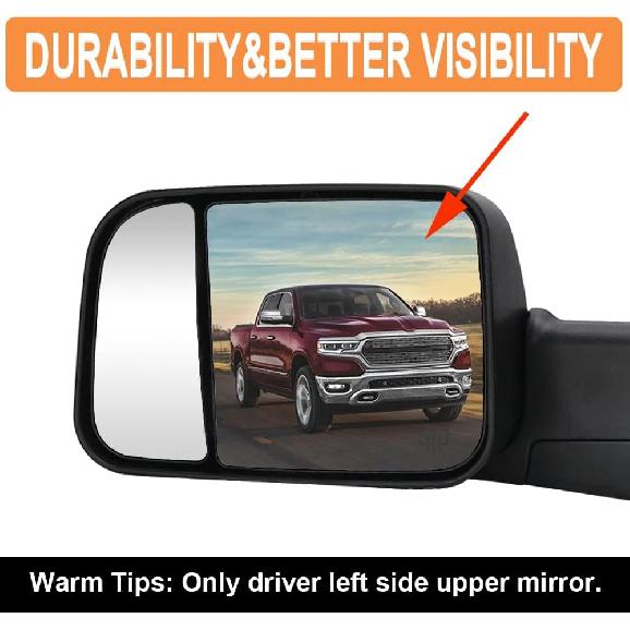 Senzeal Driver Side Tow Mirror Glass Heated Tow Mirrors Replacement For Dodge Ram 1500 2500 3500 4500 5500 2009- Convex Mirror With Rear Holder