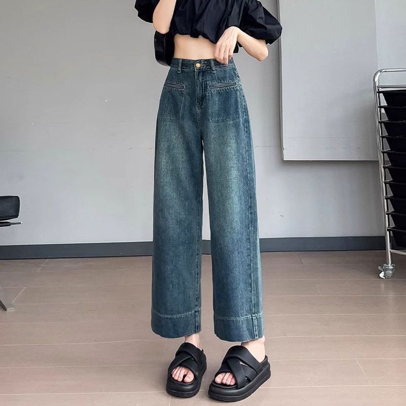 

Vintage Wide-legged Jeans Female Summer Big Size Loose Cover Meat High-waisted Skinny Nine-minute Drape Straight Pants Retro Jeans for Ladies 4XL